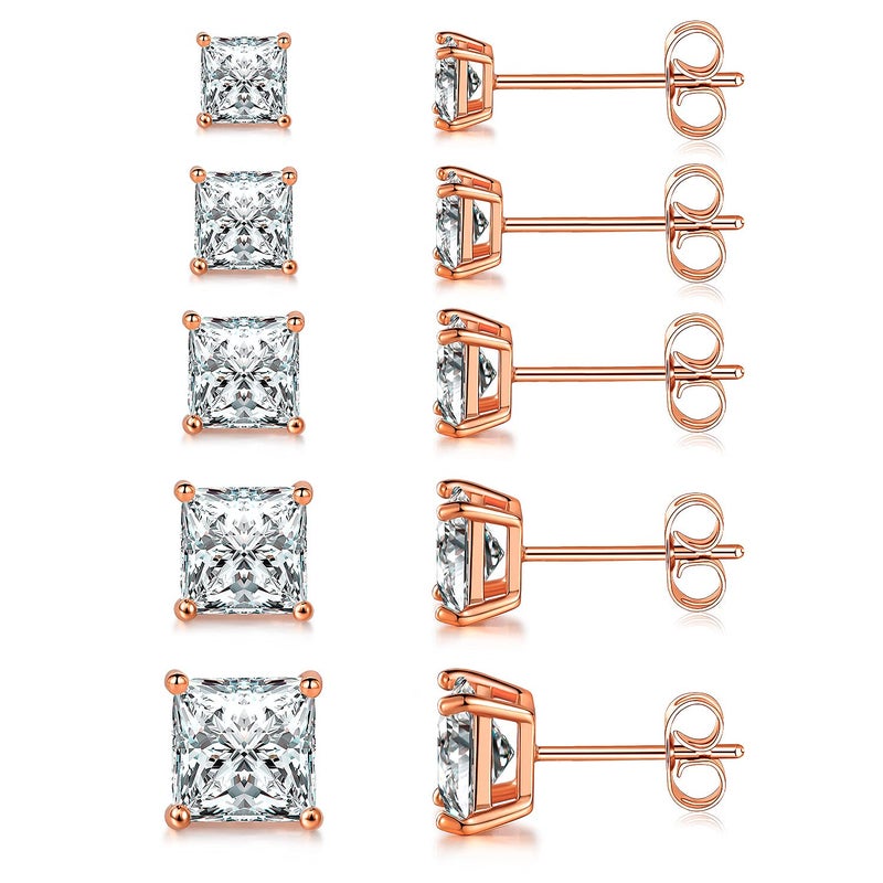 MDFUN 18K Rose Gold Plated Princess Cut Square Clear Cubic Zirconia Stud Earring Pack of 5 Pairs - Image 1